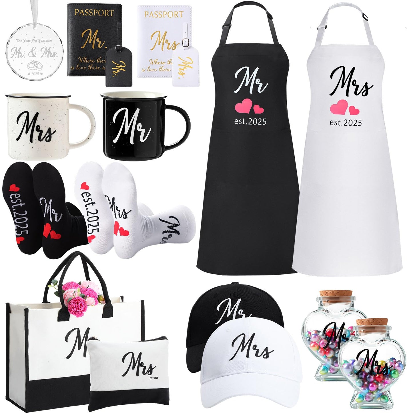 Singhoow 15 Pcs 2025 Wedding Gift Mr and Mrs Gifts for Couples Set, Mr and Mrs Aprons Wedding Honeymoon Bridal Shower Cooking Gifts Ideas for Bride Groom Engagement Anniversary Travel(Bride)