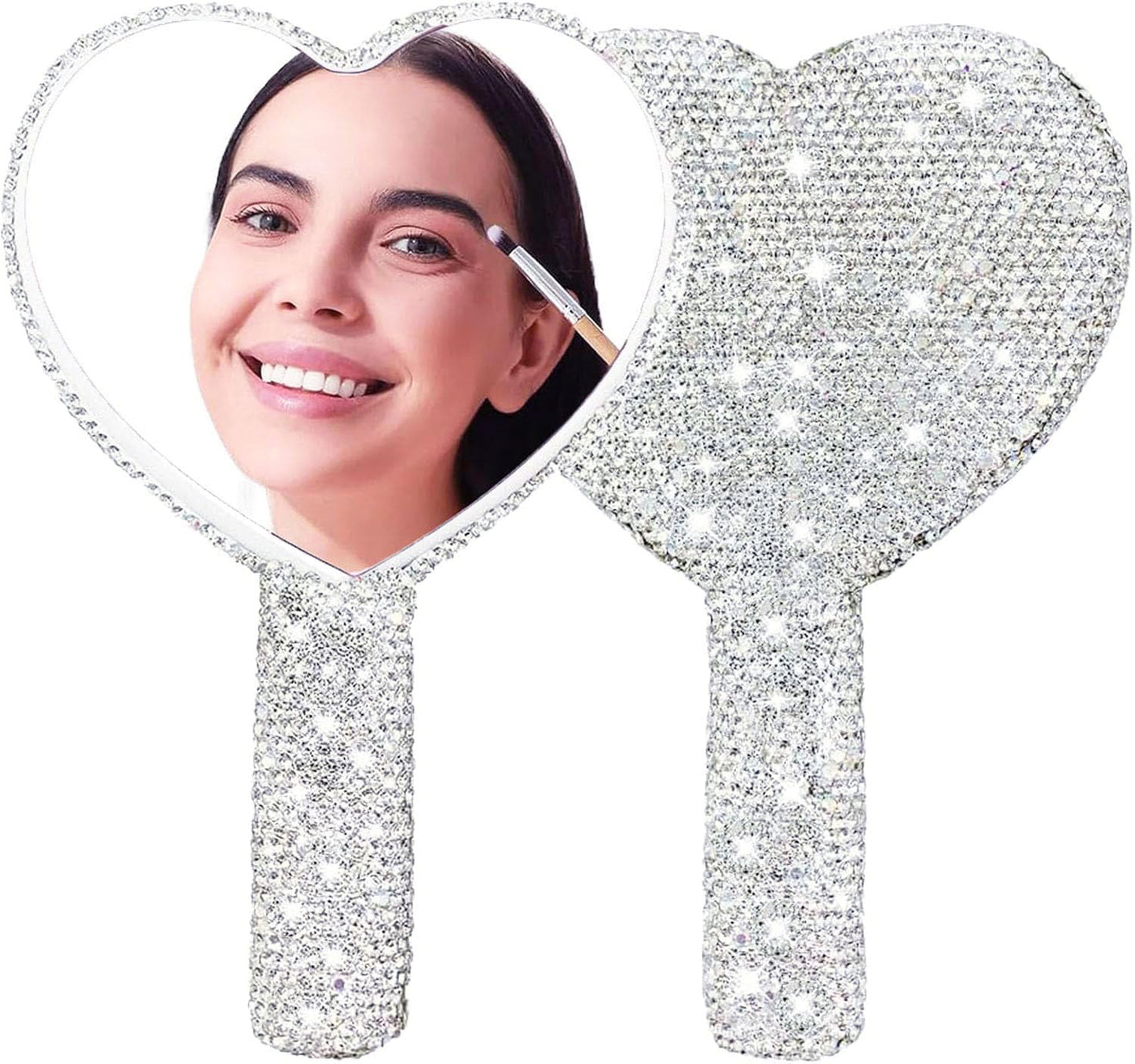 Frinnovan Large Rhinestone Handheld Mirror Heart Bling Glitter Cosmetic Dazzling Portable Hand Mirrors with Handle for Women Wed