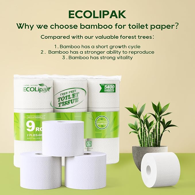 ECOLipak Bamboo Toilet Paper, Septic Safe Toilet Tissue, 9 Mega Rolls, 600 Sheets Per Roll, Tree Free, Non Toxic, 2 Ply, Soft and Absorbent, Eco Friendly Dye-Free Paper