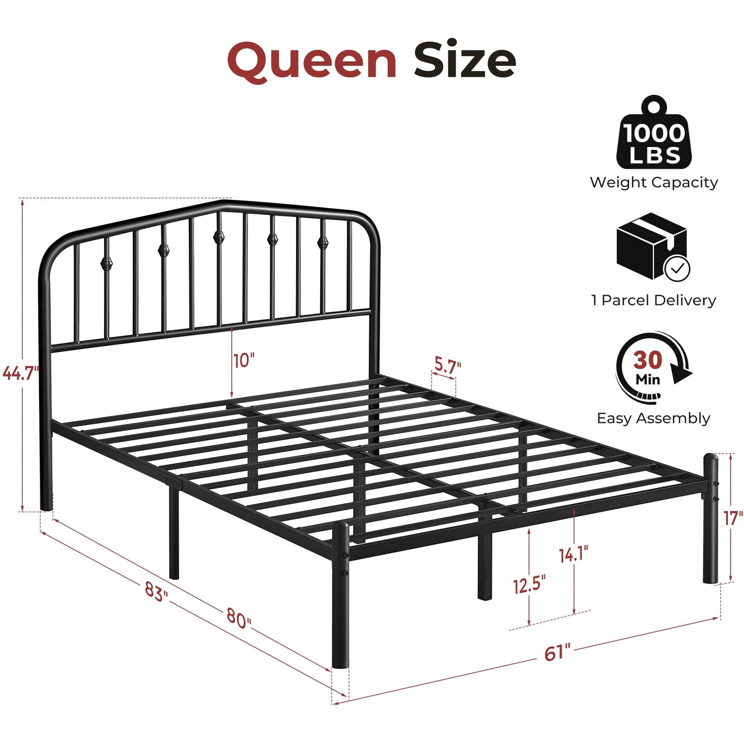 Susalt Metal Queen Bed Frame, 14 Inch Sturdy Queen Size Bed Frame with Headboard and 12.5" Under-Bed Storage, Safe Round Corner, Noiseless, No Box Spring Needed, Easy Assembly, Black