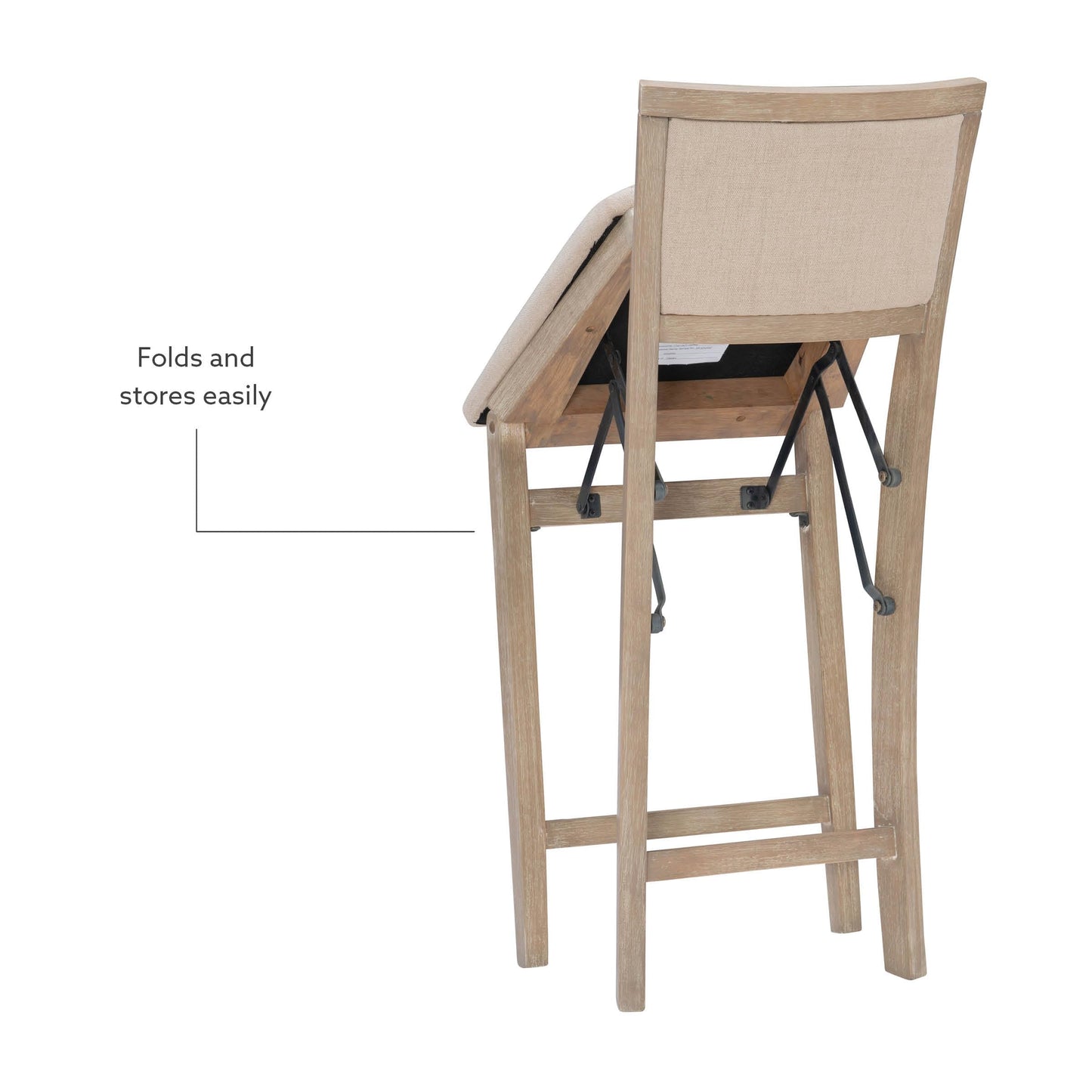 Linon Keira Natural Rustic Wooden Folding Counter Stool with Beige Upholstered Seat and Back