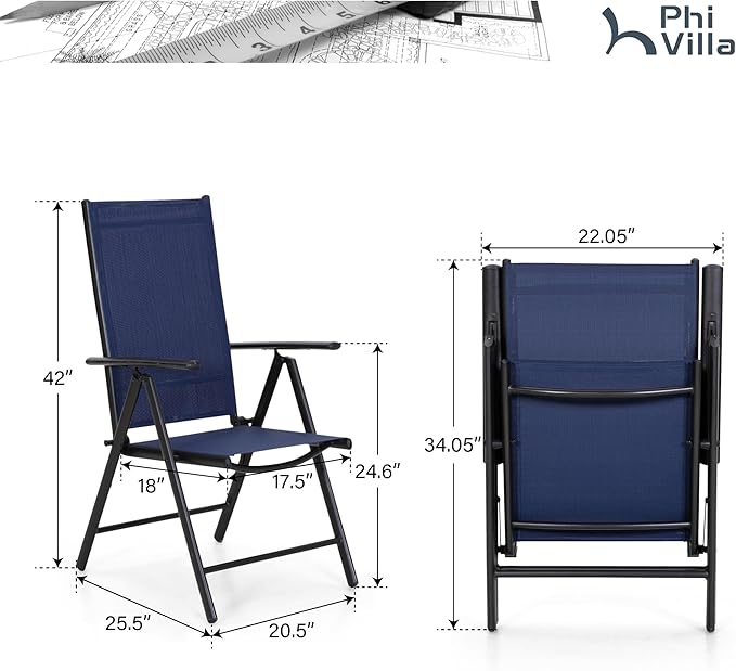 PHI VILLA Patio Folding Chairs Set of 4, Portable Outdoor Dining Chairs with Adjustable Backrest for Outside, Garden, Lawn & Yard, No Assembly, Blue