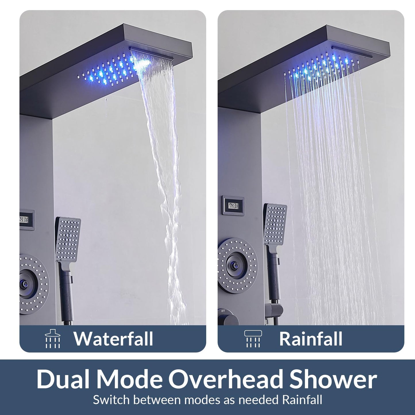 BATHLAVISH 6 in 1 Shower Panel Tower System, Rainfall Shower Panels Set w/LED and Digital Display Stainless Steel Shower Tower with Waterfall Tub Spout 2-Type Massage Jets Handheld Head Matte Black