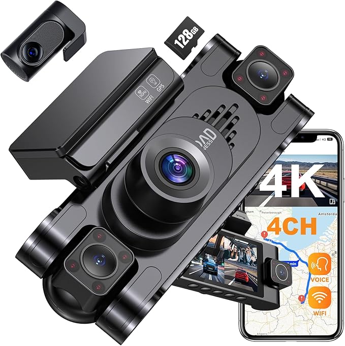 4K 360° DashCam for Cars,4 Channel Car Dash Cam Front and Rear Inside with 128GB Card Included,Voice Control,5.8G WiFi GP...