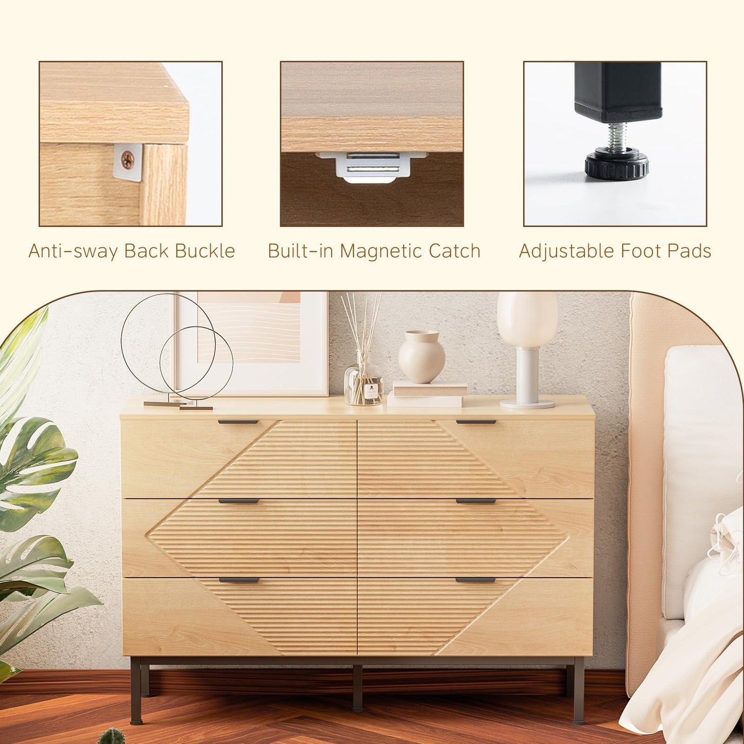 VDNEND Dresser for Bedroom with 6 Drawer, Farmhouse Wood Dresser Storage Drawers, Espresso Long Double Fluted Dressers, Closet Organizers TV Stand for Living Room,Hallway (1, Natural Oak)