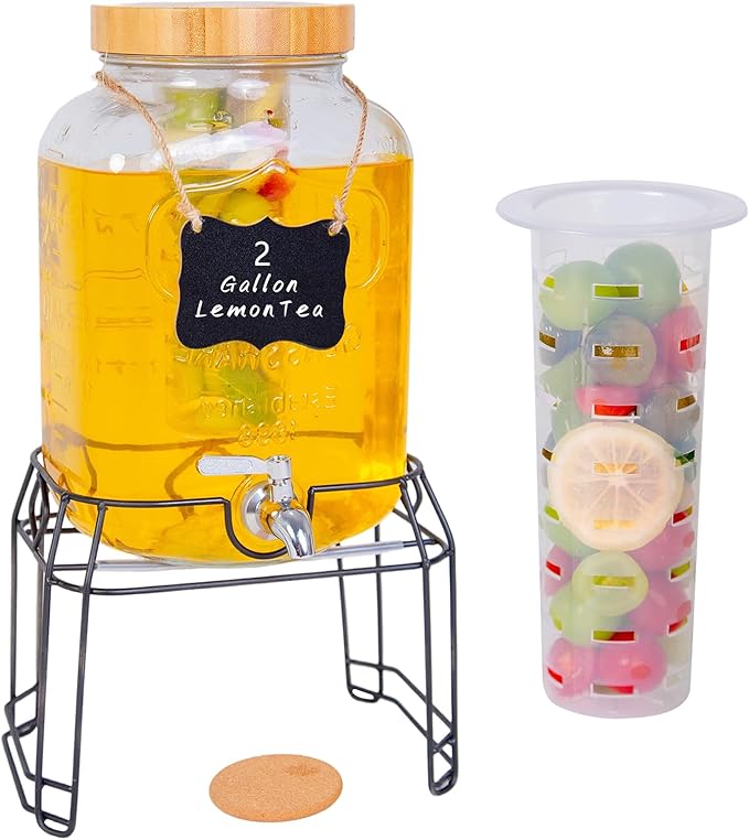 Roemey 2 Gallon Glass Drink Dispenser with Stand,Stainless Steel Leakproof Spigot &Bamboo Lid& Labels& Fruit Infuse, Large...
