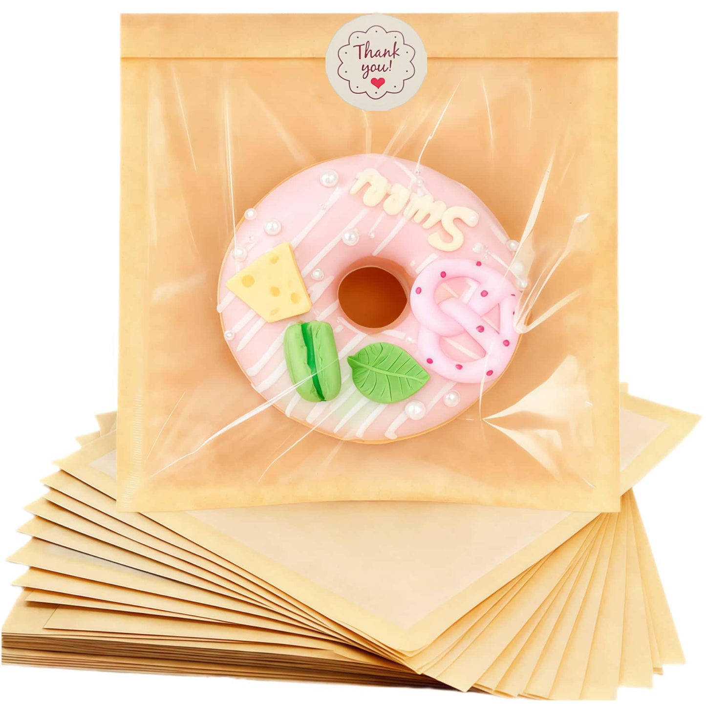ARREBOL 100 Pack 7.1x7.5 Inch Cookie Bags with Window & Stickers for Packaging, Sealable Grease Resistant Small Brown Paper Bakery Bags for Bread