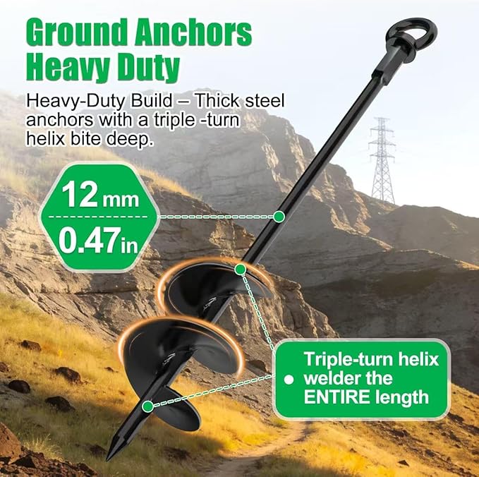 6 Pack 30" Heavy Duty Ground Anchors Shed Anchors Kit with 3/16" Galvanized Cable & M6 304 Stainless Steel Turnbuckles, Earth Anchors for Mobile Home Carport Gazebo Trampoline
