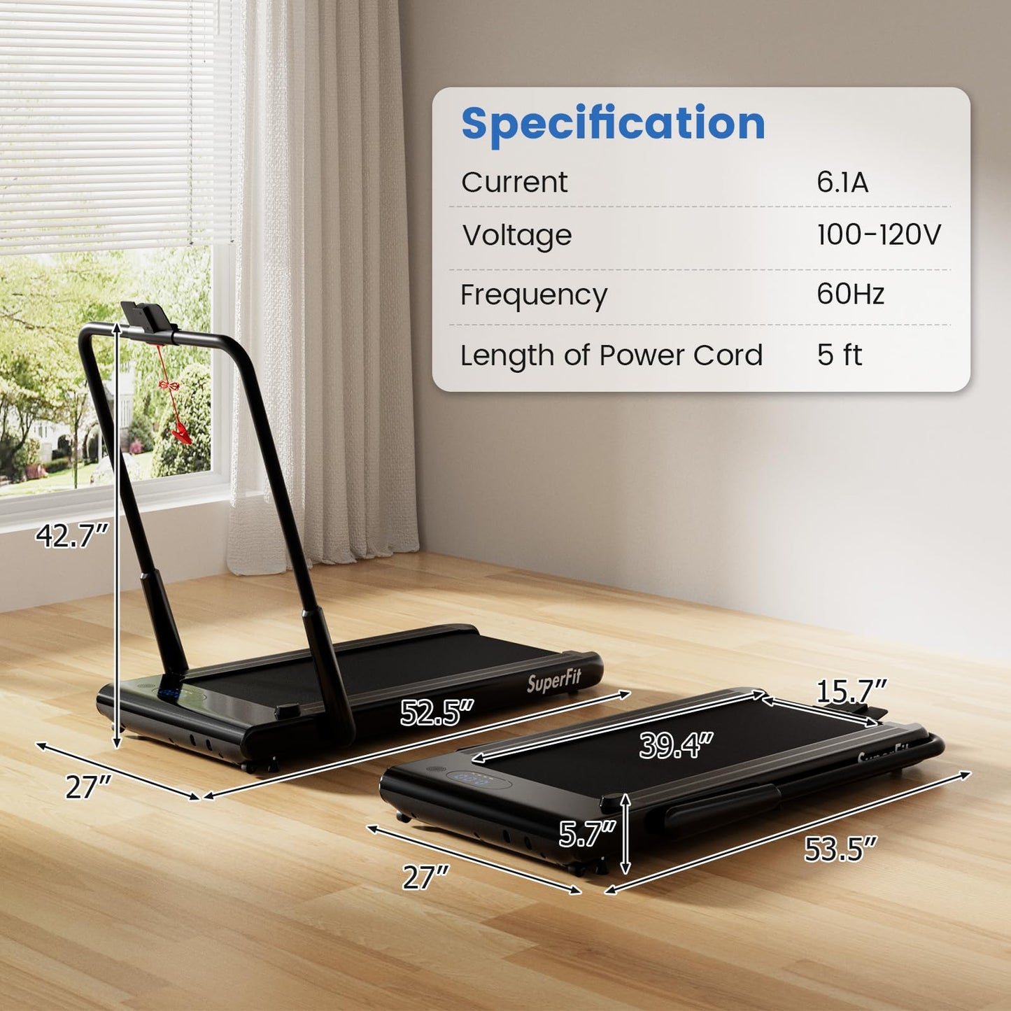 Goplus 2 in 1 Folding Treadmill, 340 LBS Capacity Walking Pad with Handle Bar, Under Desk Treadmill with Apps, Remote Control, LED Display, Foldable Portable Treadmills for Home Small, Office (Black)