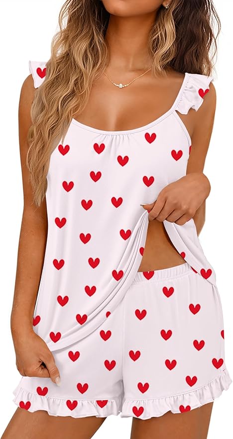 Ekouaer Pajama for Women Set 2 Piece Lightweight Summer Pajamas Soft Sexy Lingerie Ruffle Cami and Shorts Bridal Pj