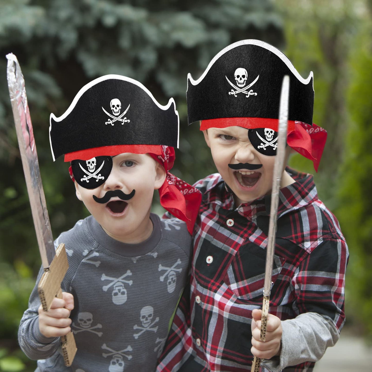 Halatool Pirate Hat Set for Kids, 36 Pcs Felt Pirate Hat, Skull Print Eye Patches, Fake Mustaches - Pirate Party Favors for Halloween, Masquerade, Cosplay
