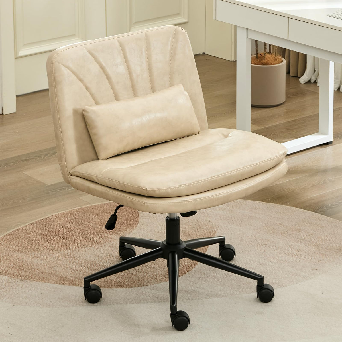 IPKIG Small Office Computer Desk Chair with Wheels and Lumbar Pillow, Comfy Adjustable Armlees Vanity Rolling Swivel Task Chair for Adult, Student, Home, Office, Make Up (PU Leather, Beige)