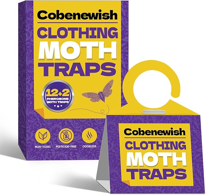 Clothing Moth Traps 12 Pack + 2 Moth Traps for Clothes with Pheromone Attractant Odorless Sticky Glue Trap for Closet Carpets Odor-Free & Natural (14)