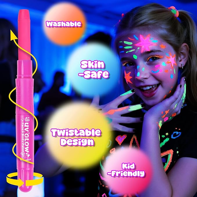 UV Face Paint Sticks Glow in the Dark under Black Light, 10 Colors Neon Body Face Paint Crayons for Kids Adults, Washable Mess-Free for Glow Party Supplies Cosplay Halloween Makeup