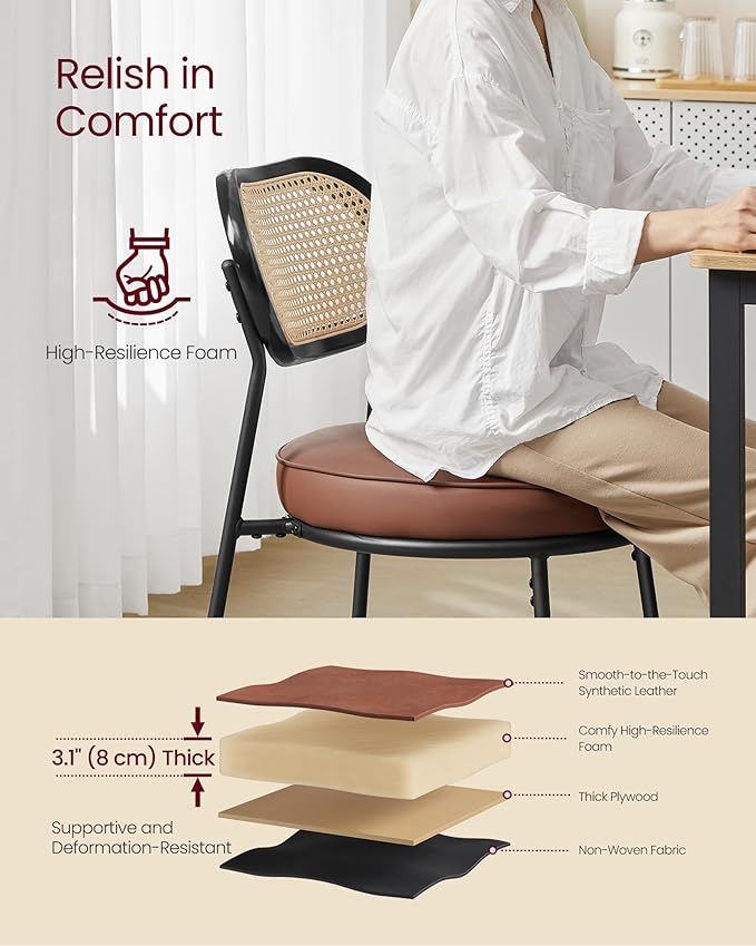 VASAGLE Dining Chairs, Set of 4 Accent Chair for Dining Room Kitchen, with Boho PE Rattan Back, Synthetic Leather Upholstery, Coffee Brown ULDC160K24