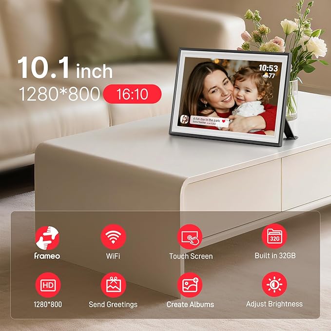 Frameo 10.1" Digital Picture Frame, Smart WiFi Digital Photo Frame with 1280x800 HD IPS Touch Screen 32GB Storage Auto-Rotate Wall Mounted, Share Photos/Videos from Phone Anywhere(Black&White)