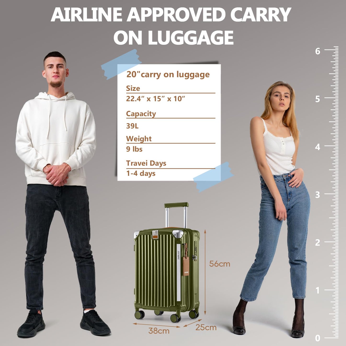 Joyway 20in Carry On Luggage with Cup Holder and USB Port, 25% Expandable Capacity, Smart Suitcase with Anti Slip Wheels and Handbag, Perfect for Men and Women 3 Piece Set DarkGreen