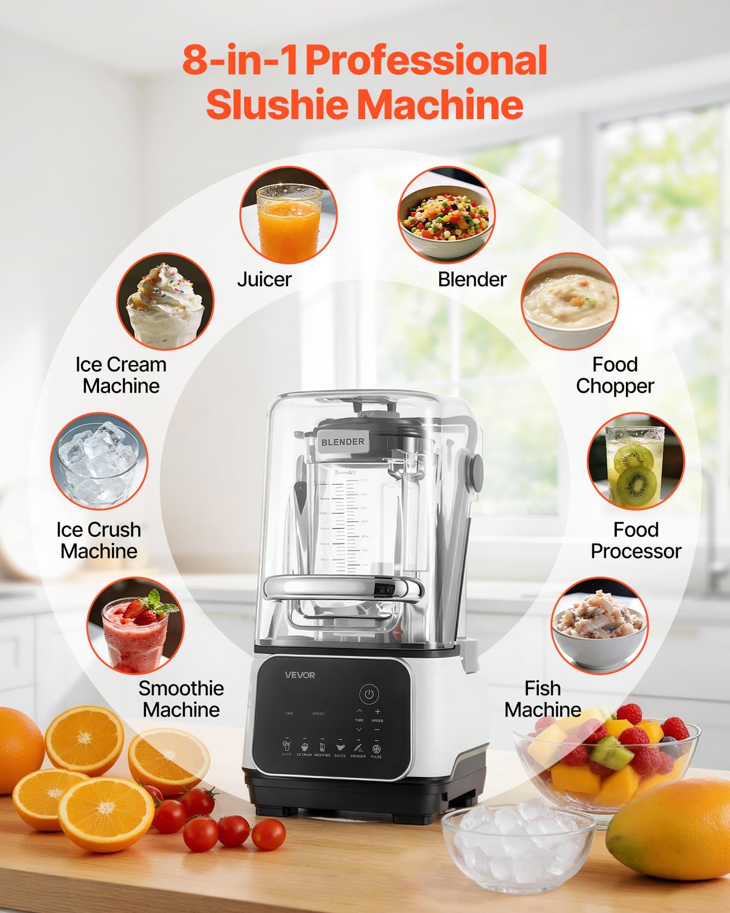 VEVOR Blender, 68 oz Professional Countertop Blenders with Shield, 2200W 26000RPM Kitchen Food Processor Combo, Self-Cleaning, Speed Adjustable, 6 Preset Menu for Smoothies, Ice Crushing, Puree, White