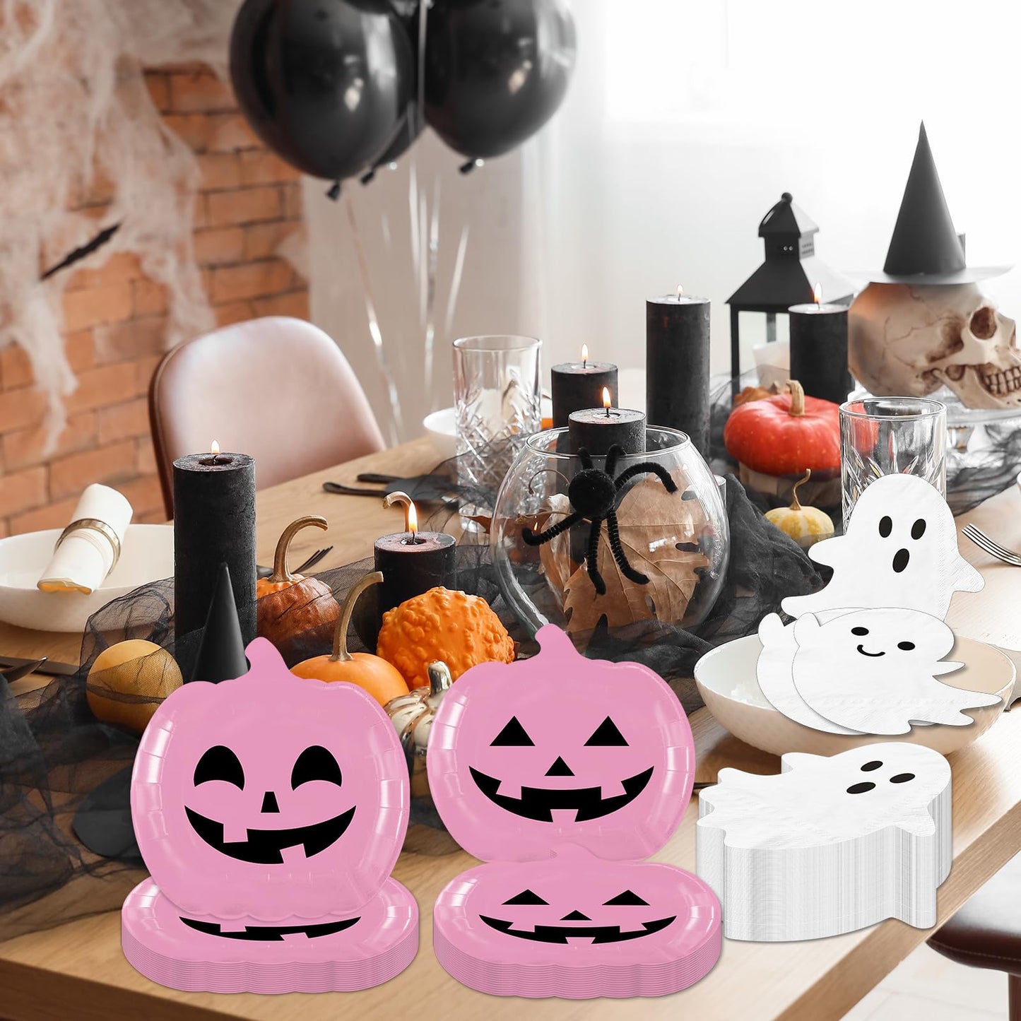 OGMOGKW Halloween Plates and Napkins,60pcs Pink Pumpkin Plates and Ghost Napkins Tableware Includes Cute Grimace Paper Plates and Spooky Napkins for Kids Birthday Pink Halloween Party Decorations