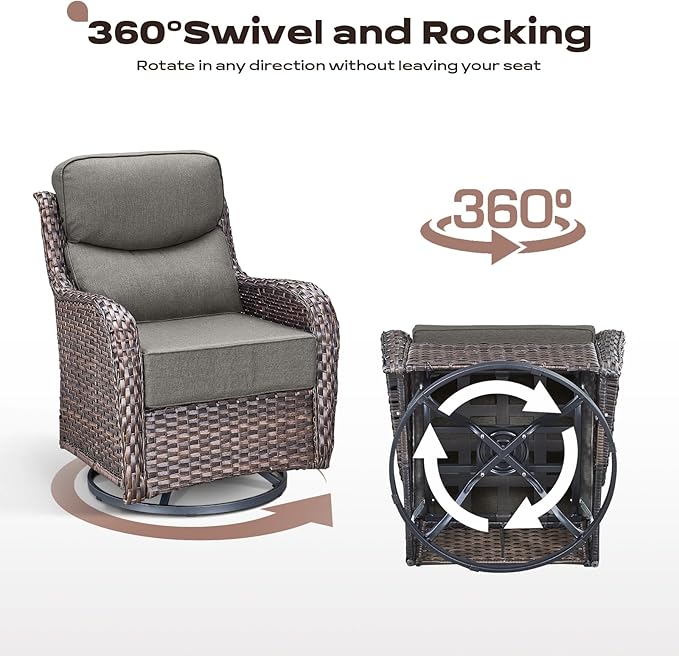 Rilyson Outdoor Patio Furniture Set - Weather Resistant Wicker,High Back,6 inch Cushions,3 Piece Patio Bistro Set with Swivel Rocker Chairs and Side Table for Deck Porch Yard,Brown/Grey