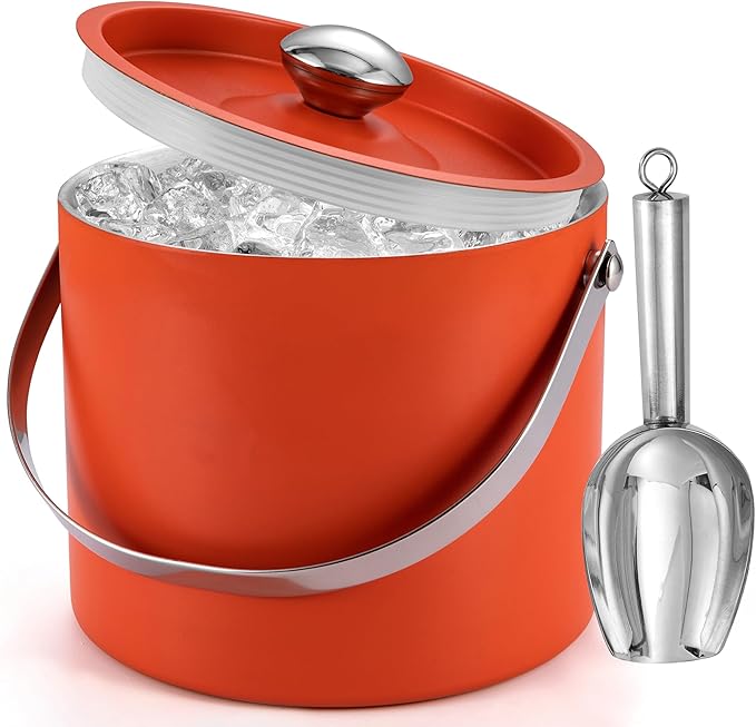 Ice Bucket (3 Liter) Stainless Steel Double Wall Insulated Ice Bucket with Lid & Scoop, Ice Buckets for Parties, Handle, K...