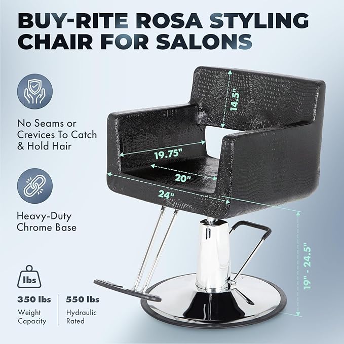 Buy-Rite Rosa Styling Chair for Salons & Barbershops - Crocodile Black, 23" Heavy-Duty Chrome Base, Wide Seat, Hydraulic Pump, No-Crevice Design, Armrests - YLG-308-CROC
