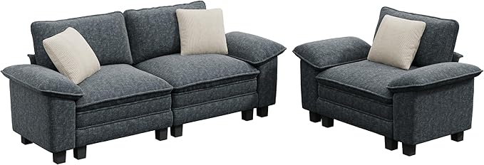 MIXPATIO L-Shaped Cloud Modular Sofa Set with Chaise, Deep Seat 3-Piece Sectional & Removable Arms, Plush Chenille for Living Room - Cyan