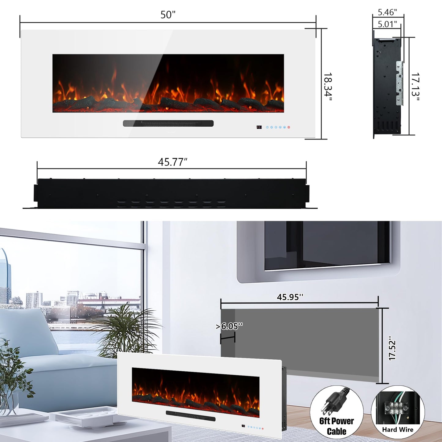 Dreamflame 50" Electric Fireplace, Recessed & Wall Mounted Fireplace Heater 13 * 13 Colors Flame &Fuel Bed w/5 Dimmer, Touchscreen &Remote Control Temp, Overheating Protect, Hardwired, 1500W, White