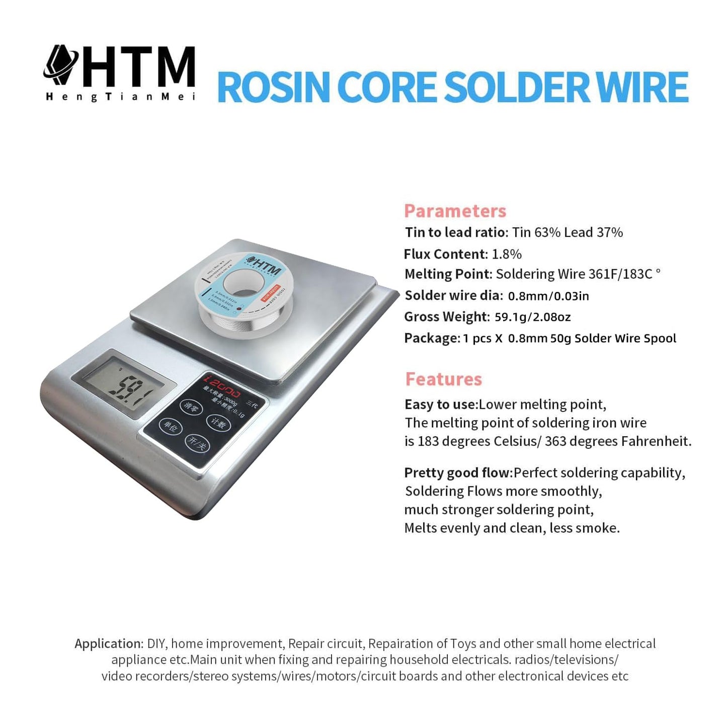 HengTianMei Tin Lead 63/37 Rosin Core Low Temp Solder Wire For Electronics Components And DIY repair(0.8mm/50g)