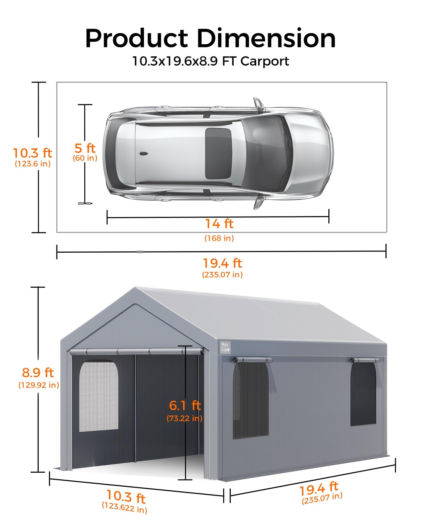 Carport, 10 x 20 FT Portable Garage Heavy Duty, Carport Canopy with Sidewalls Roll-Up Door & Windows, Car Port Canopy Tent Reinforced with Extended Skirt for Truck, Boat, Car Shed (Light Gray)