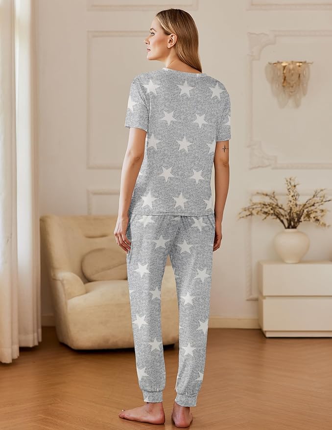 Ekouaer Pajamas for Women Set 2 Pack Lounge Set Short Sleeve Pjs Joggers Long Pants Loungepwear with Pockets
