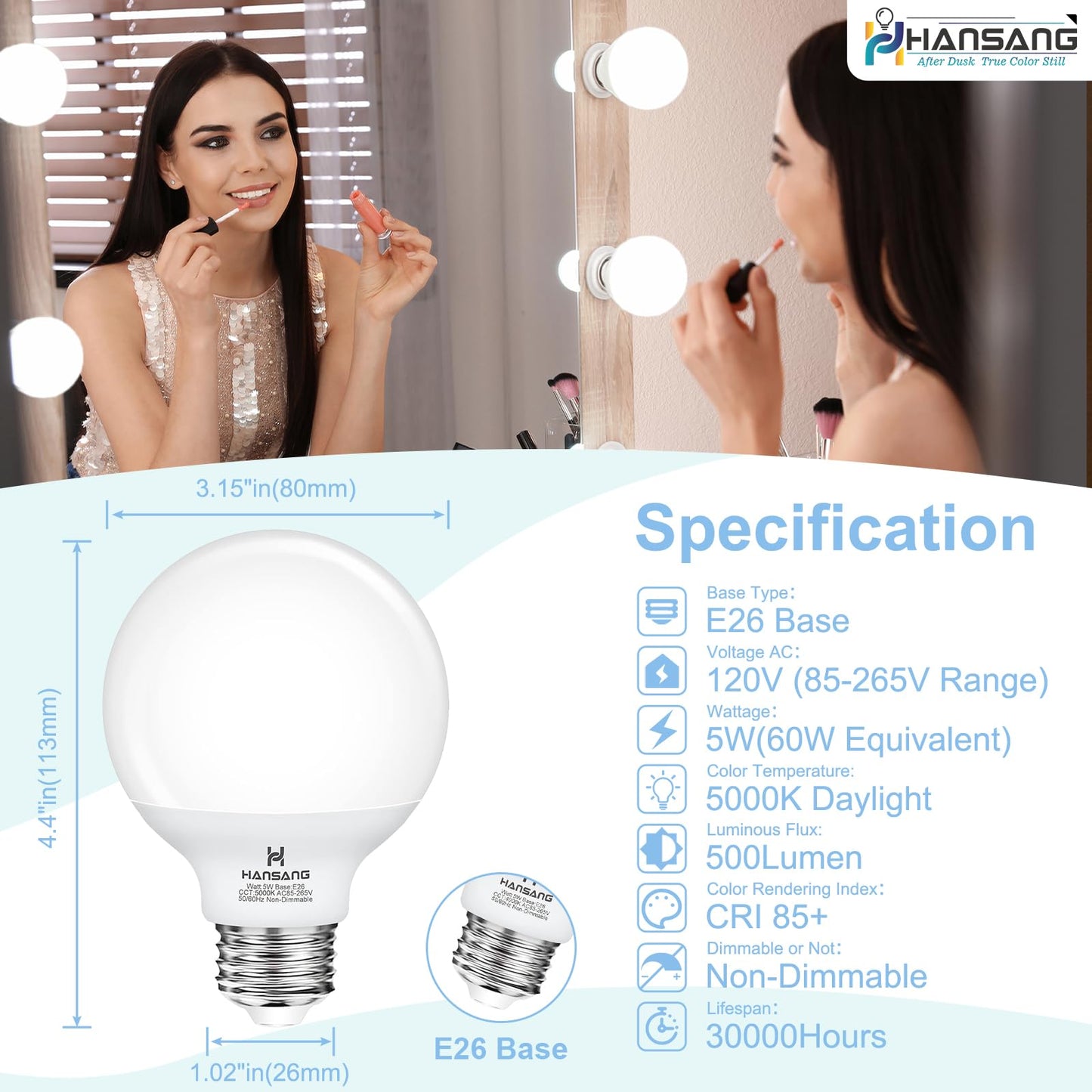 hansang G25 LED Globe Light Bulbs, 60W Equivalent, 5000K Daylight Bathroom, E26 Base, Eye-Friendly Vanity Round, Perfect for Vanity Makeup Mirror, 120V CRI85+ Non-Dimmable 4Pack