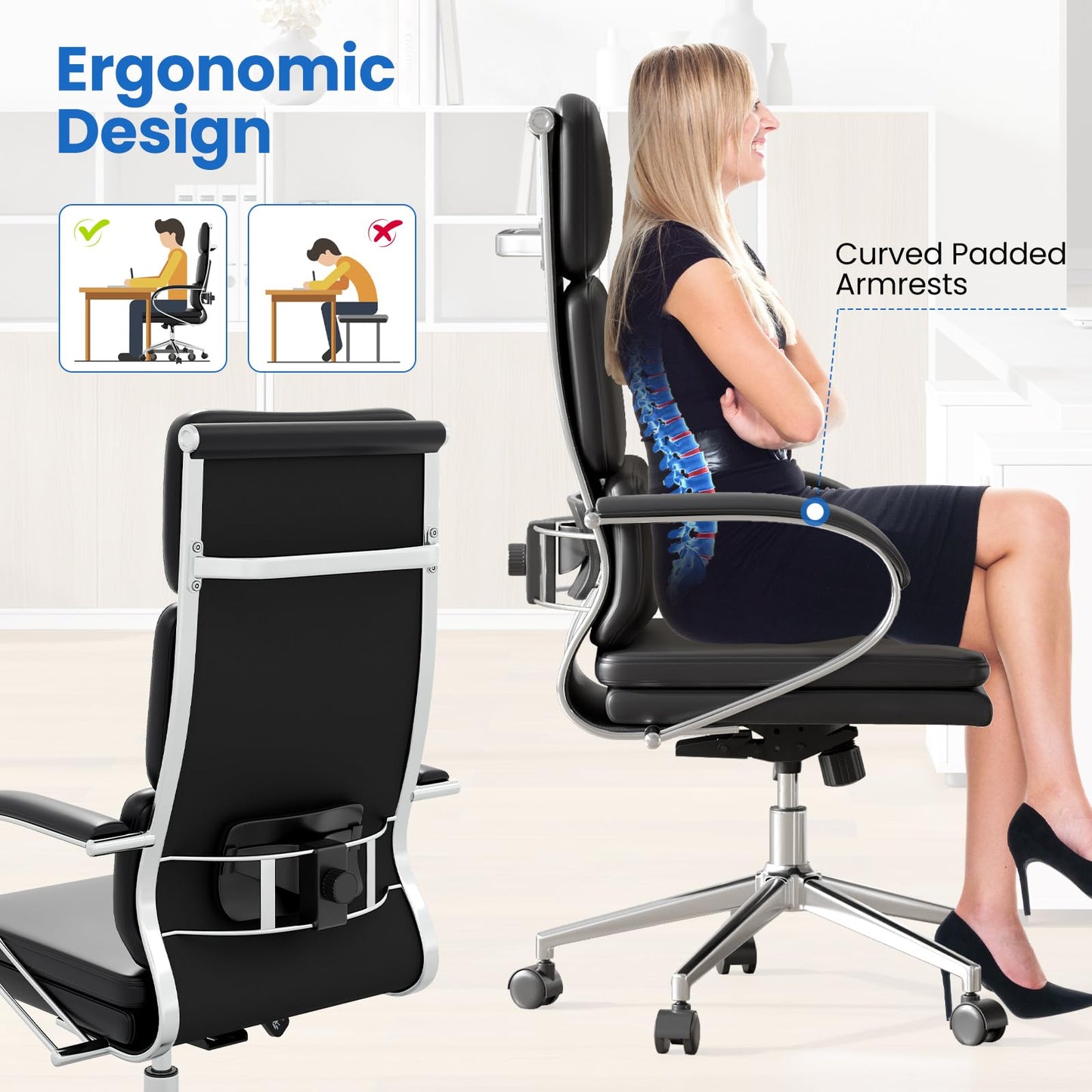 Giantex Ribbed Office Chair, High Back Ergonomic Desk Chair with Wheels & Rocking Function, Swivel Leather Desk Chair w/Arms & Removable Lumbar Support & Seat Cushions, Modern Executive Chair, Black