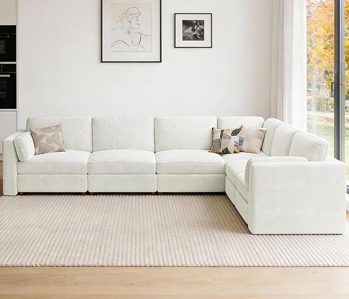 CUGOAO 159'' Modular Sectional Sofa, Oversized L-Shaped Sectional Couch, Deep Seat Chenille Cloud Couch, Removable Cover, Mordern Upholstered Couches for Living Room, Apartment, Office, Beige