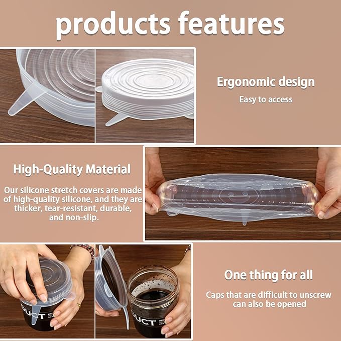 6 Pcs Silicone Stretch Lids Reusable and Durable Silicone Container Covers for Food Storage Expandable Bowl Covers Dishwasher & Freezer Safe (8.07in)