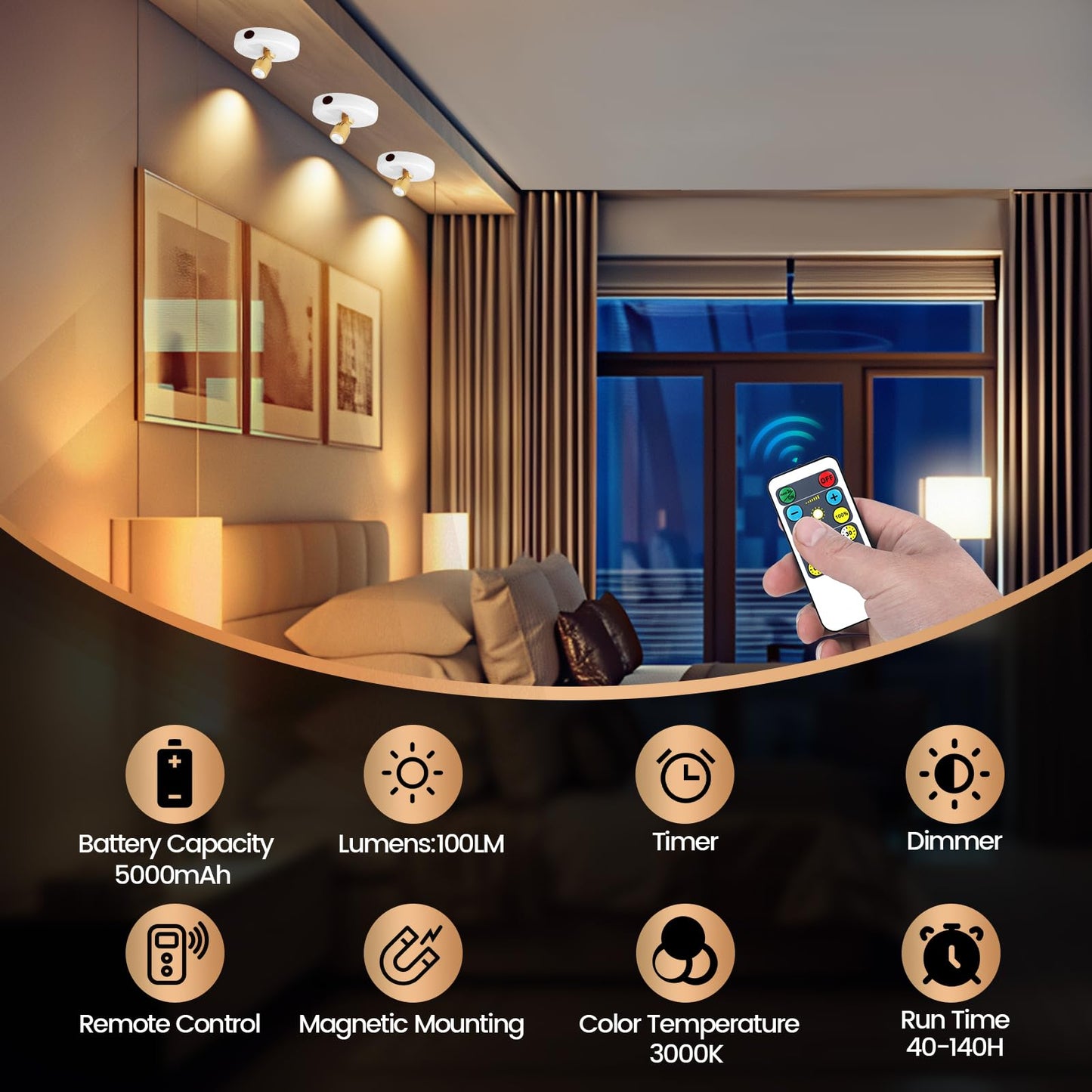 KANESIKI Rechargeable Spotlight, Battery Operated Picture Lights with Remote, Cordless Plant Spot Light Indoor, LED Accent Lighting, Dimmable Uplight for Tree Painting Artwork Photo Dartboard Decor