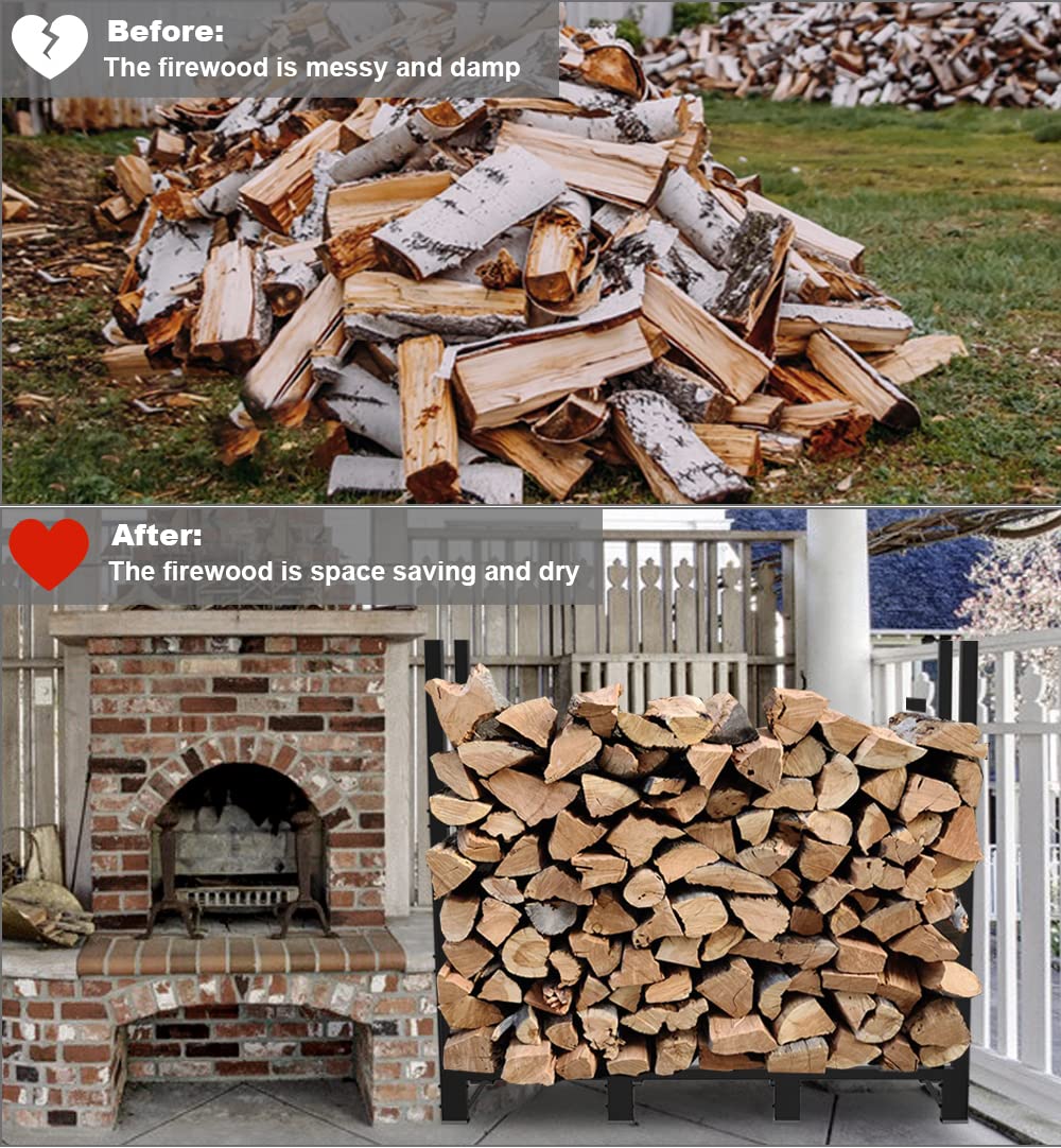 Khordin 4ft Firewood Rack Adjustable Heavy Duty Fire Wood Stand Holder for Outdoor Indoor Fireplace Log Storage, Metal Lumber Stacker Organizer, Black