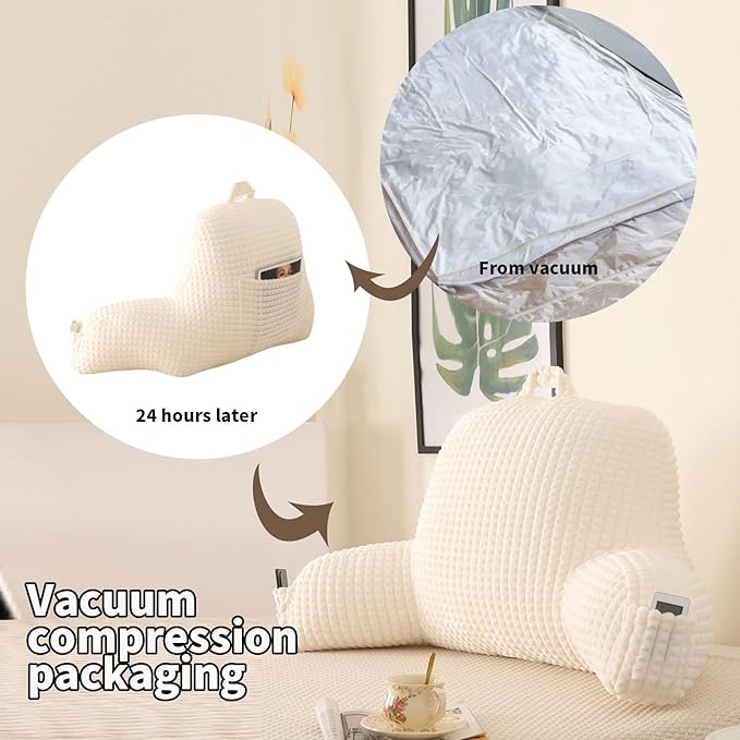 PAJEO Reading Pillow for Sitting in Bed, Large Backrest Reading Pillow with Arm Rest,Back-Rest Support Cushion for Sit Up on Couch, Sofa, and Floor, Dorm Essentials (Cream Flannel, Large(19"))
