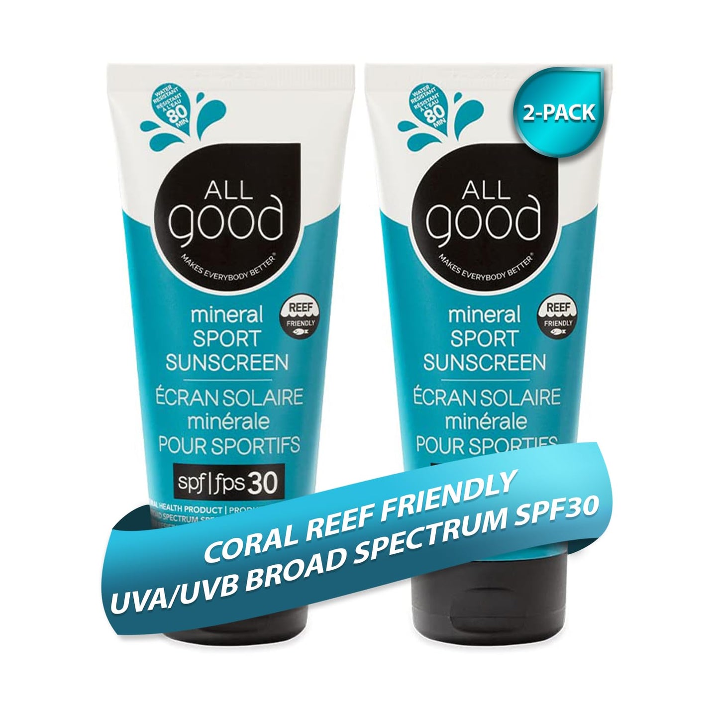 All Good Sunscreen - Sport Mineral Sunscreen Lotion, Reef Friendly, SPF 30+ for Face & Body, Water & Sweat Resistant, 2-pack (3