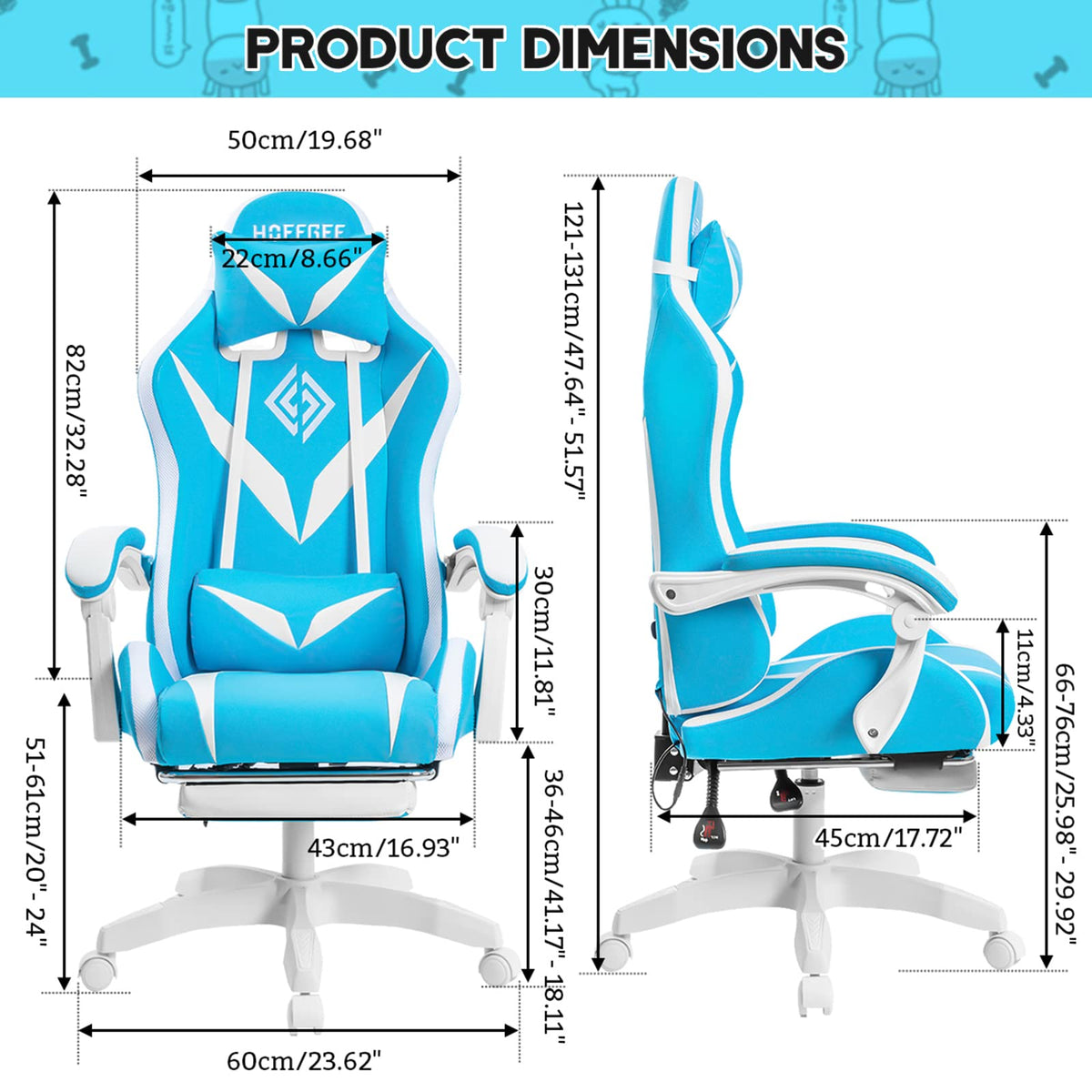 RGB Gaming Chair with LED Lights and Massage Ergonomic Computer Chair Cute with Footrest High Back Video Game Chair with Adjustable Lumbar Support Linkage Armrest Light Blue and White