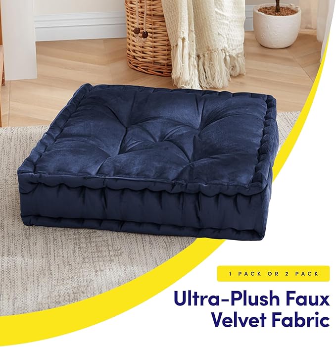 Sweet Home Collection Floor Pillow Large Square Tufted Decorative Cushion. Faux Velvet Fabric Ultra Thick Fill for Kids and Adults, 2 Pack, Navy.