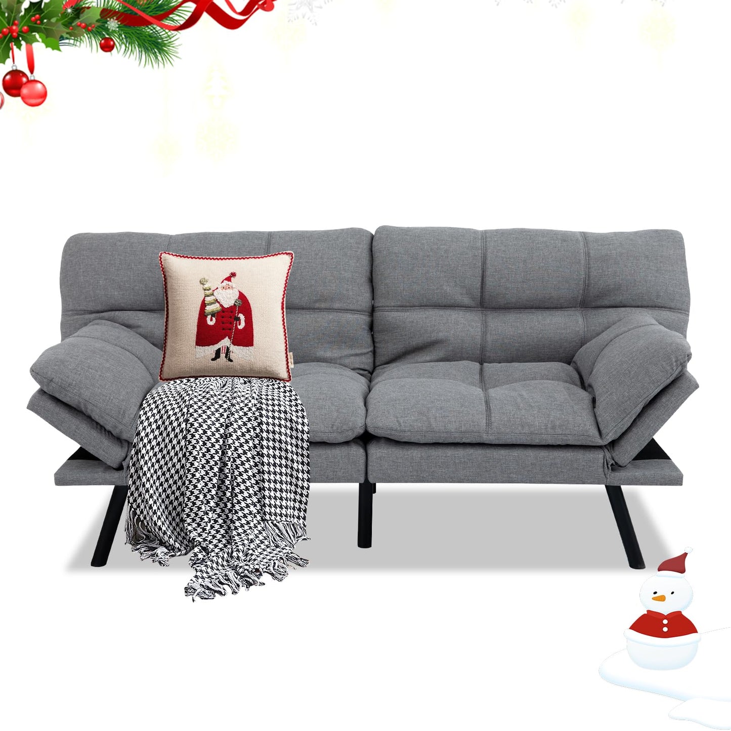 MUUEGM 71" Futon Sofa Bed, Convertible Couch Filled with Memory Foam, Modern Loveseat with Adjustable Backrest&Armrest, Sofas for Living Room,Game Room,Dormitory,Office.Light Grey Fabric