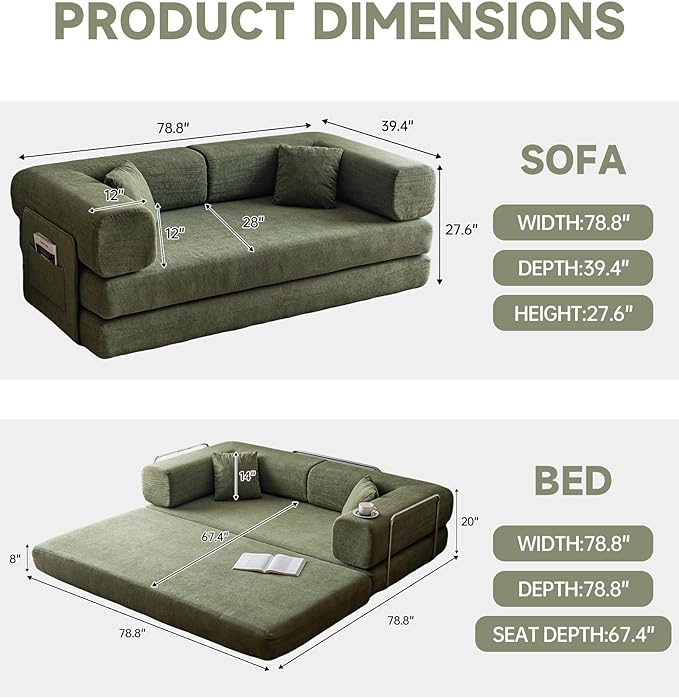 No Assembly Convertible Sofa Bed & 79" Boneless Couch with Pocket , 5-in-1 Futon Sofa Bed with 2 Pillows Modular Pull Out Couch Bed with Frame,Compression in Box for Living Room Small Spaces Green