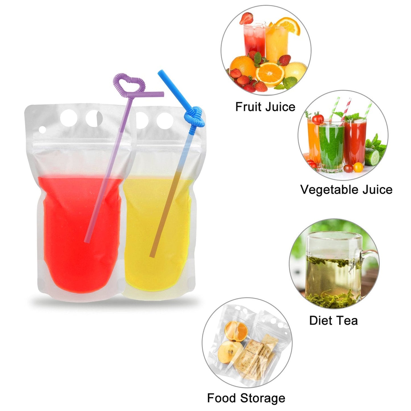 100 Pcs Drink Pouches with 100 Straw Holes, Freezable Juice Pouches, Translucent Reclosable Zipper Plastic Pouche Drink Bags for Cold & Hot Drinks for Adults and Kids