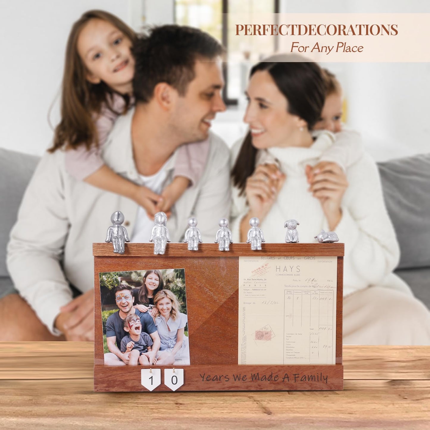 Anniversary Keepsake Box with Family Statue- Wooden Picture Frame for Cherished Keepsakes Storage，Anniversary or Wedding Gifts for Her/He (Walnut)