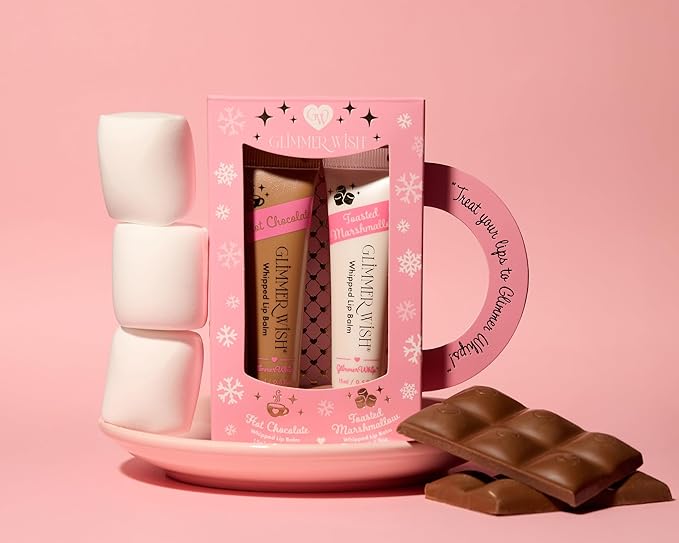 Glimmer Whips Whipped Lip Balm – Hot Chocolate & Toasted Marshmallow, Organic Butters & Oils, Heart-Shaped Applicator, 100% Sugar Cane Tube, Vegan, Cruelty-Free