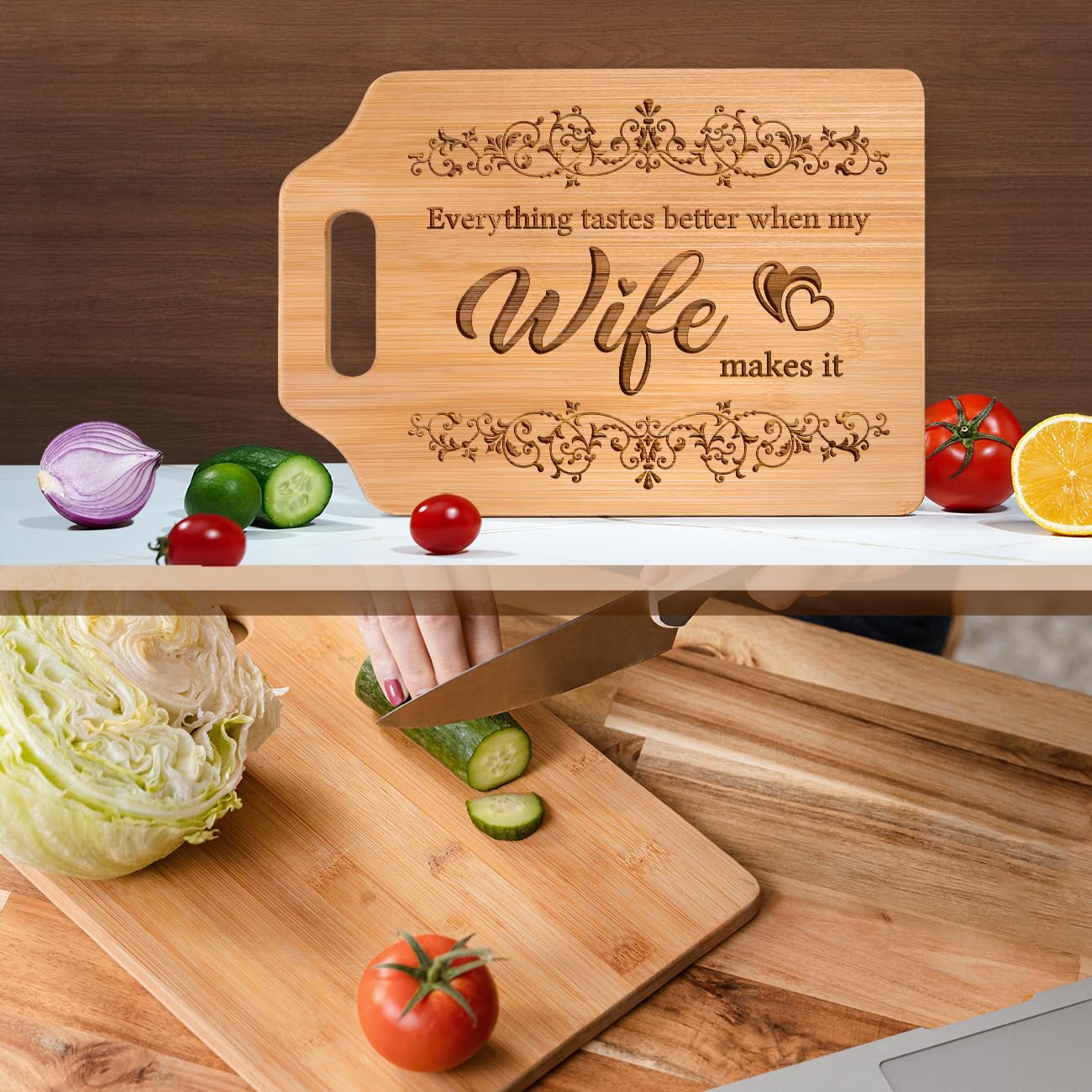 AceThrills Wife Birthday Gift Ideas, Gifts for Wife Gifts for Wedding Anniversary, Christmas - Bamboo Cutting Board 12.3"L x 8.7"W x 0.4"Th (everything tastes better)