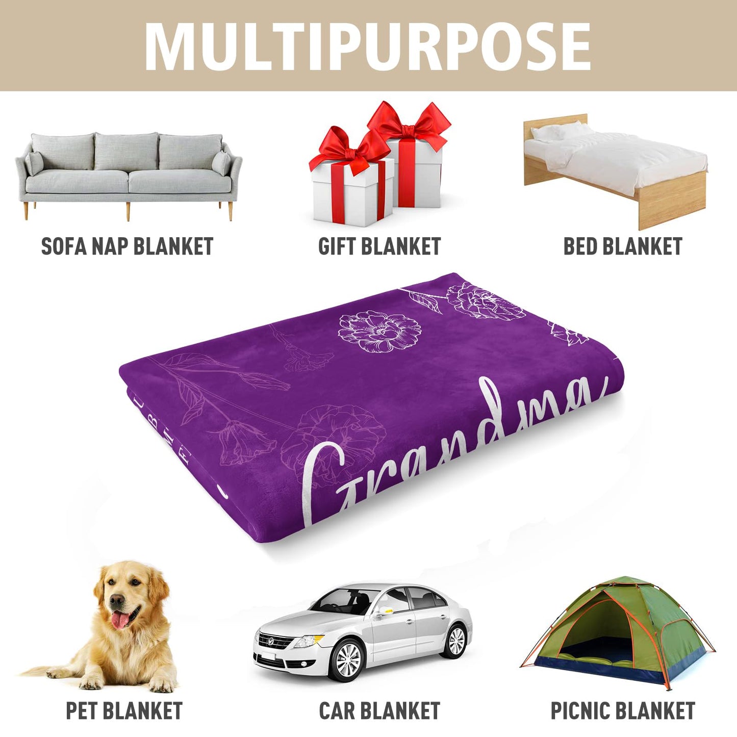 Grandma Gifts, Gifts for Grandma Blanket, Grandmas Birthday Gift from Grandkids, to My Grandmother Throw Blanket 50" x 60", Purple