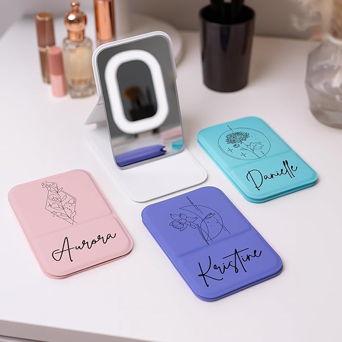 Personalized Birth Flower Month Travel Makeup Mirror for Women | Black Birth Flower and Name UV Painting |Custom Small Portable Travel Pocket Mirror Birthday Gifts for Women, Mom, Girl
