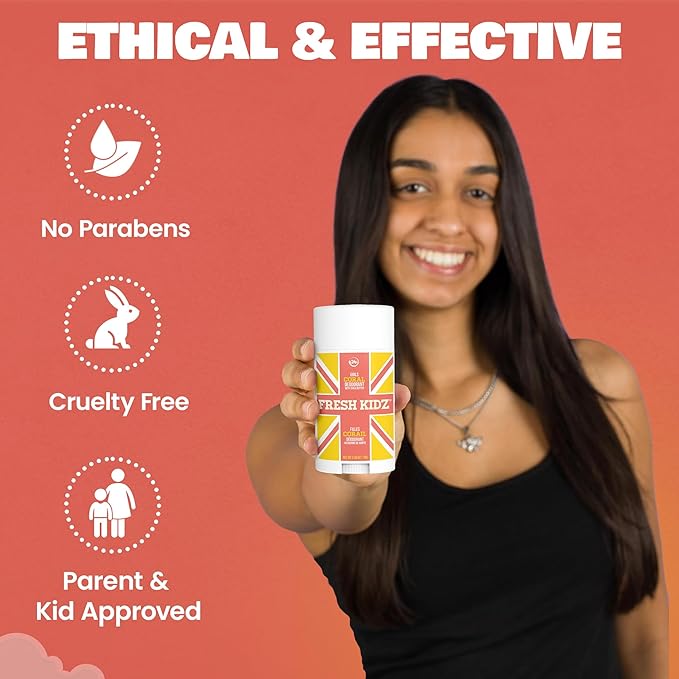 Fresh Kidz Deodorant Stick for Kids and Teens - Baking Soda and Aluminum-free 24 Hour Protection for Sensitive Skin - Girls "Coral", 2.65 oz / 75 g (2 Pack)